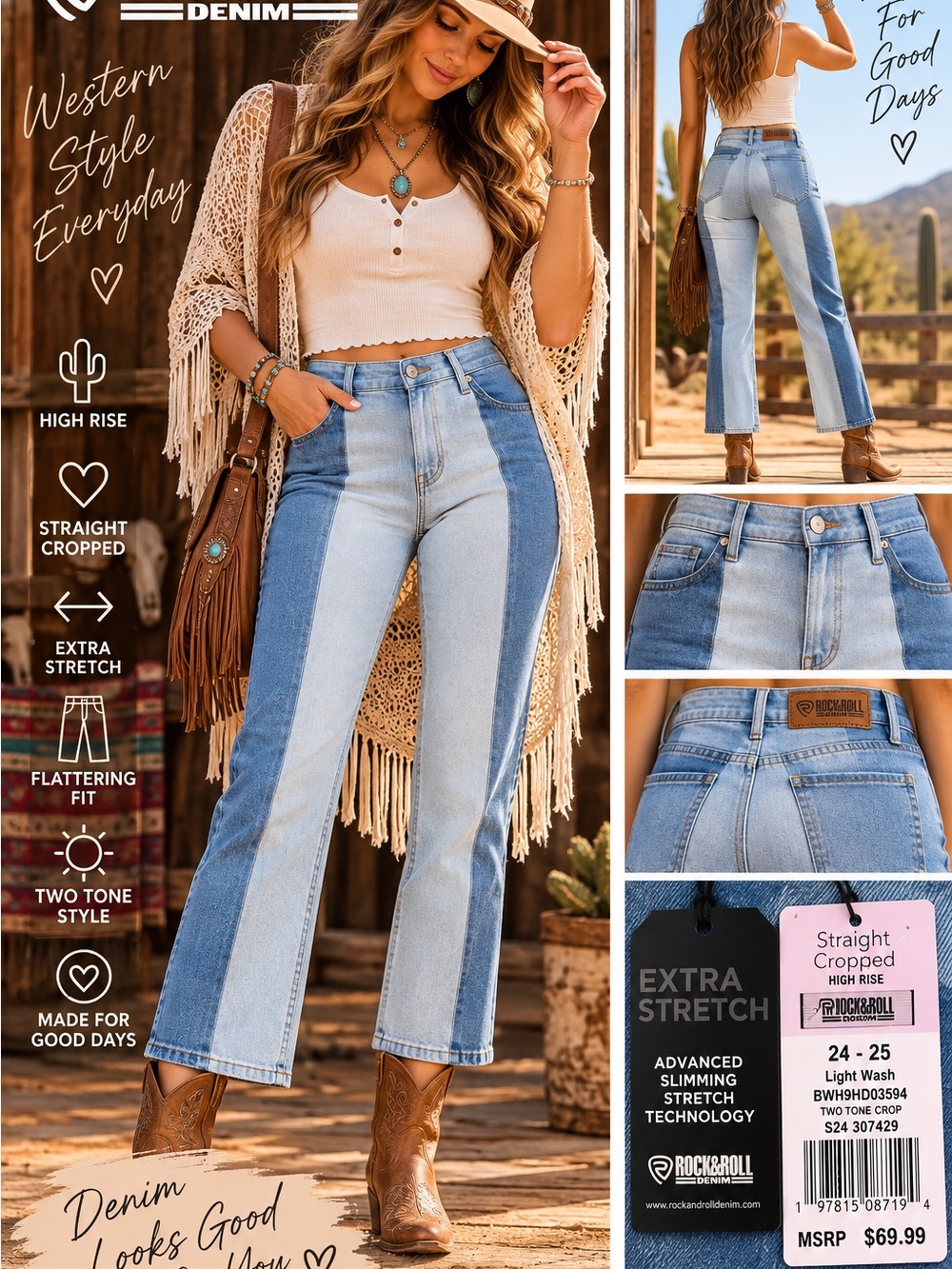 Rock & Roll Denim Two Tone Straight Cropped Jeans NWT | 24x25